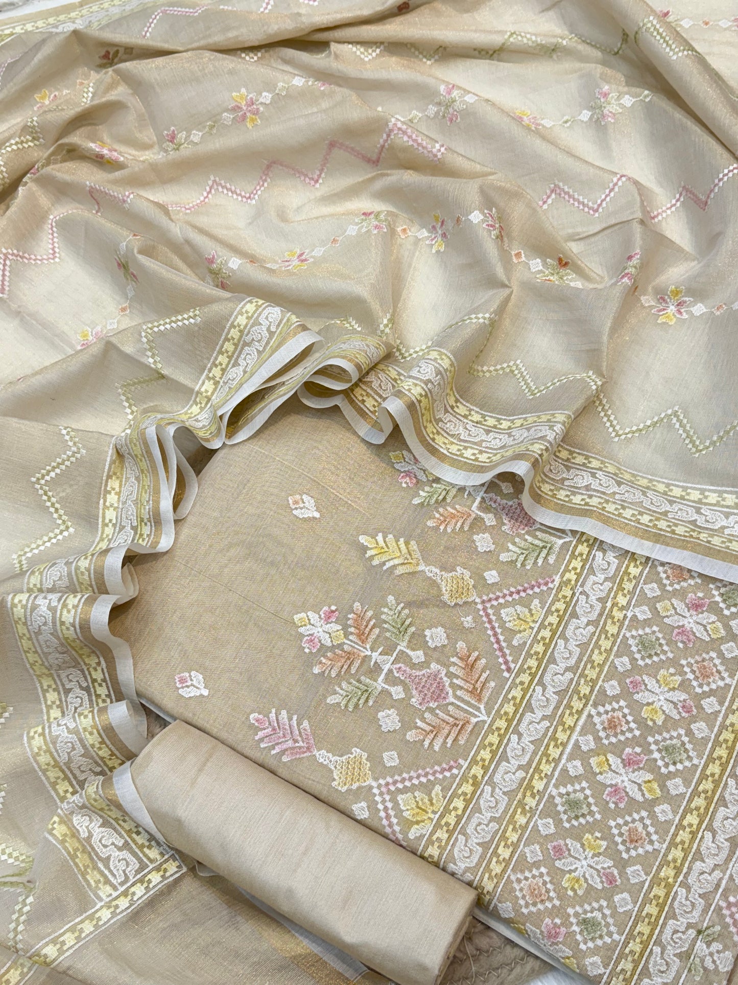 Beige Colour Tissue Silk Suit Set