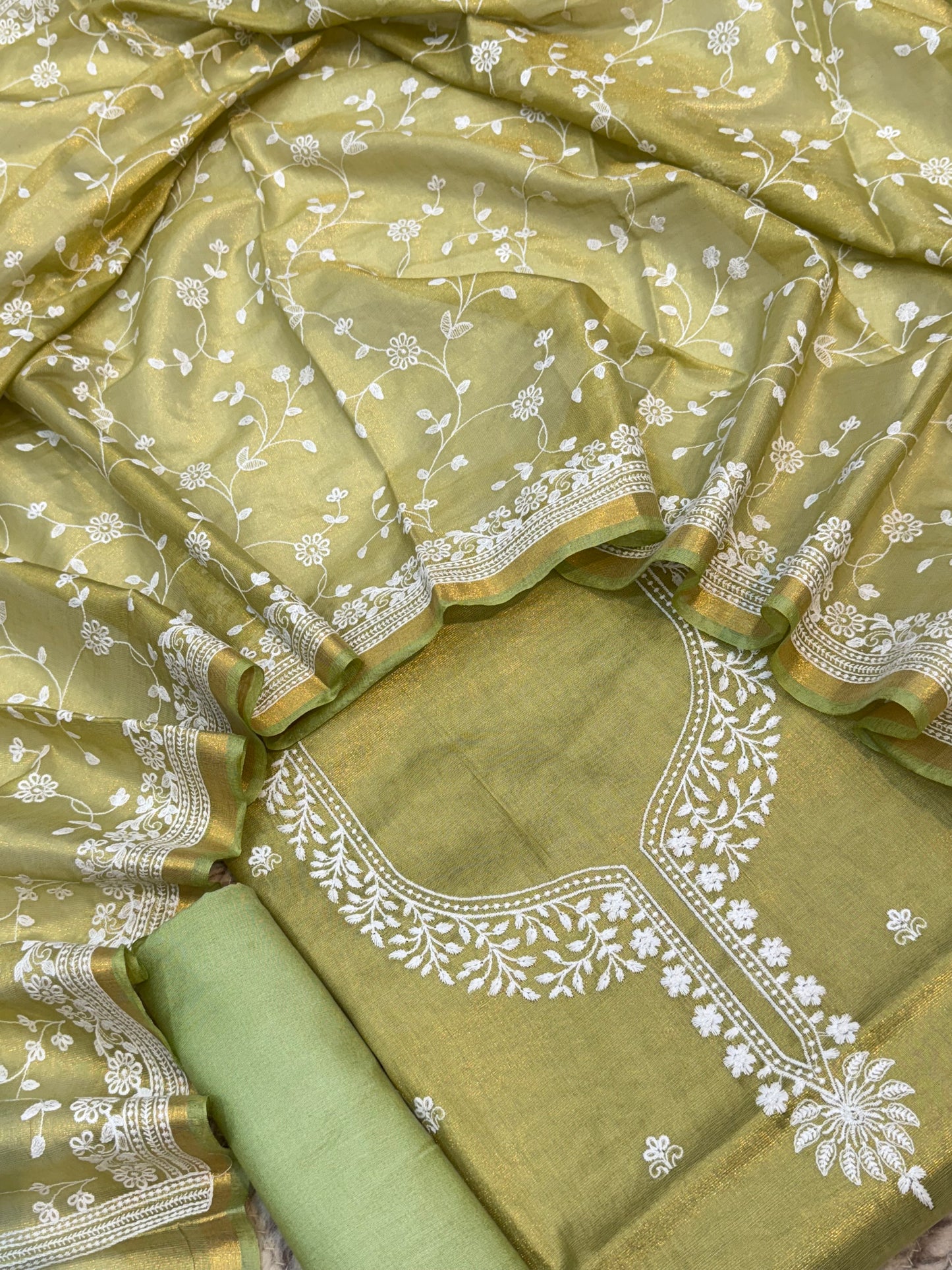 Olive Green Colour Tissue Silk Suit Set