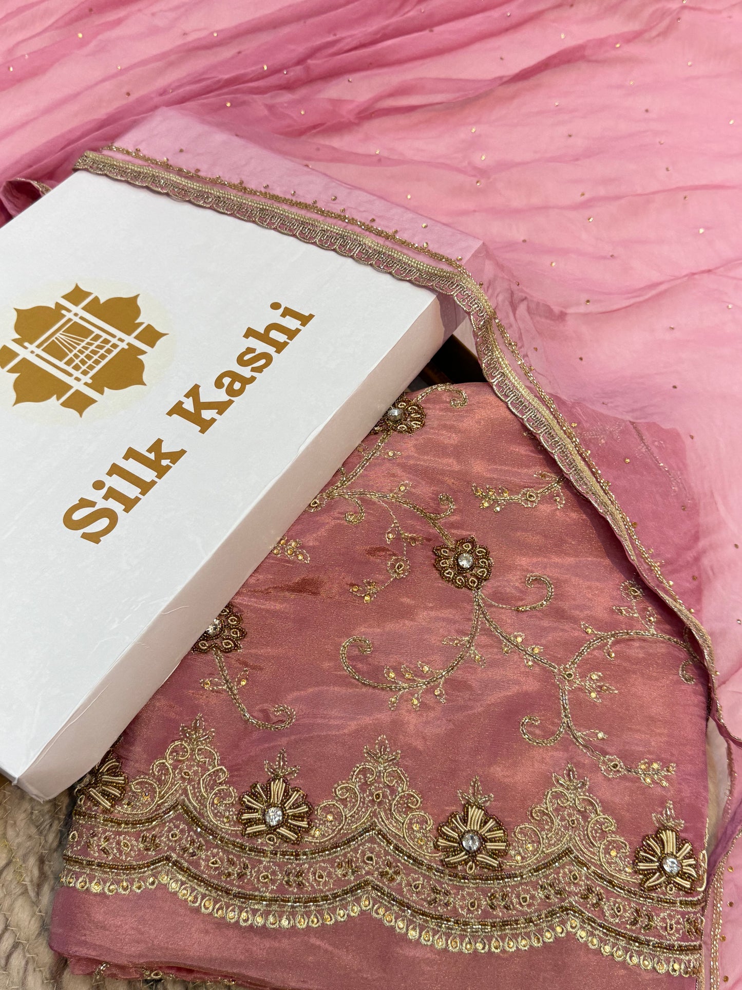 Hand Embroidery Baby Pink Colour Tissue Silk Suit Set