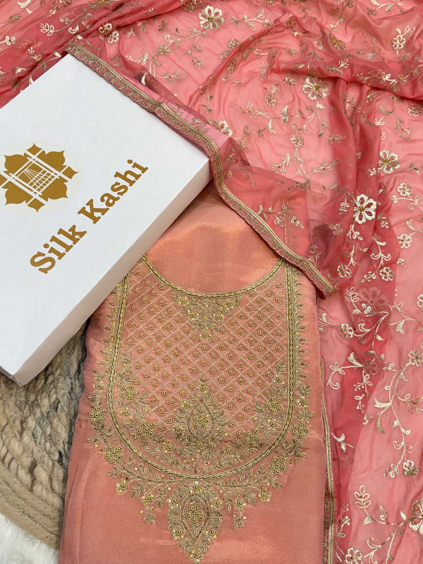 Hand Embroidery Beige Colour Tissue Silk Suit Set