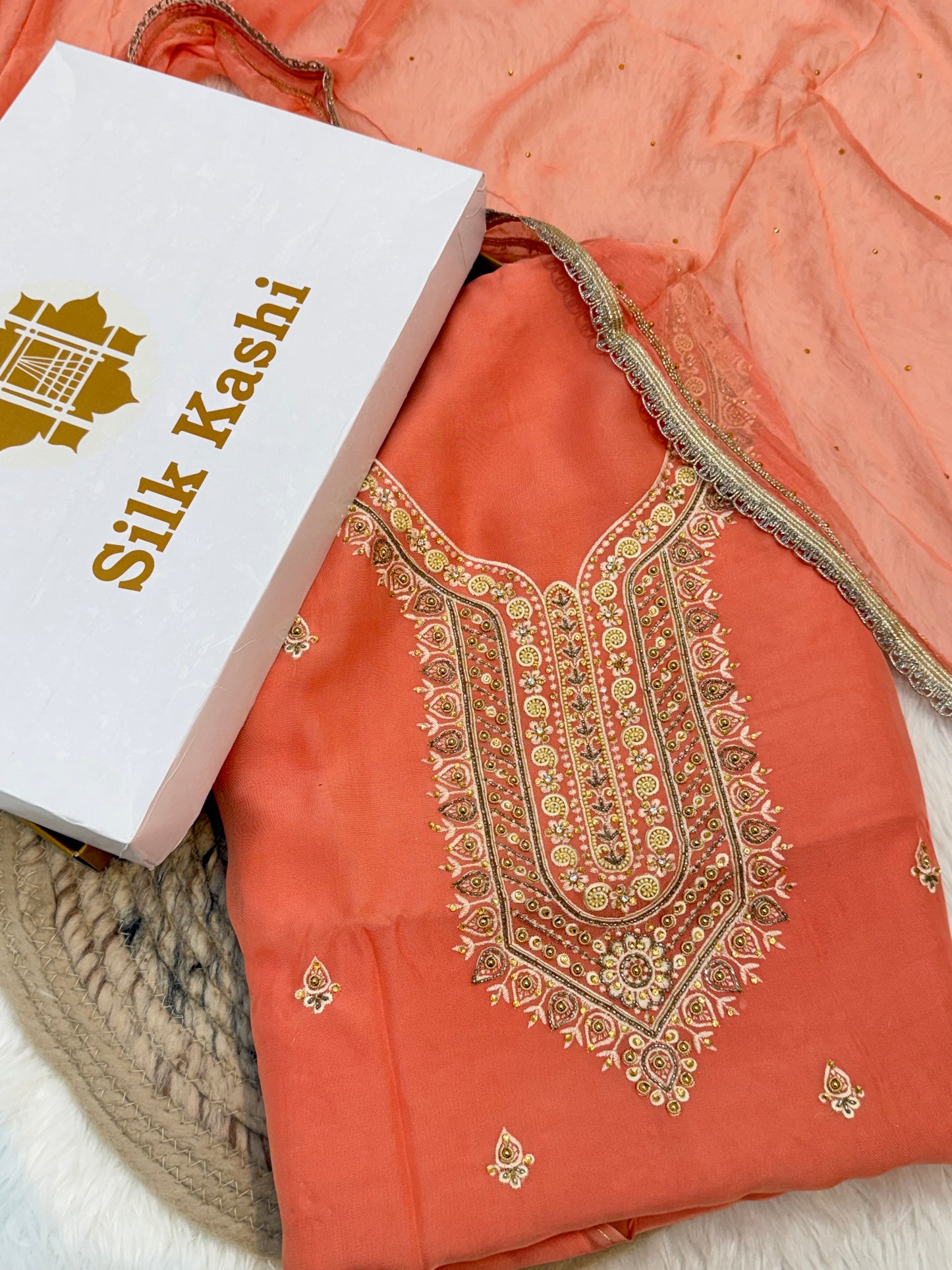 Hand Embroidery Orange Colour Organza Silk Suit Set