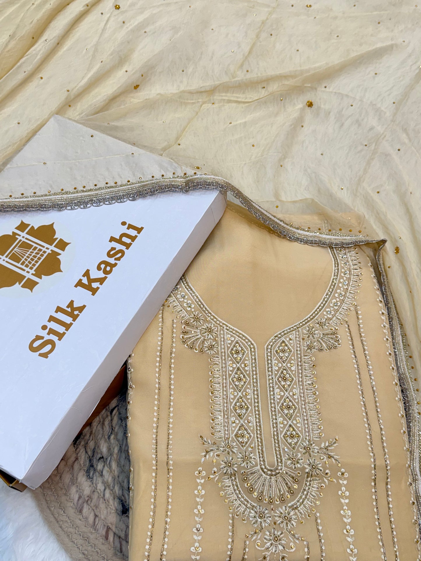 Hand Embroidery Light Yellow Colour Organza Silk Suit Set