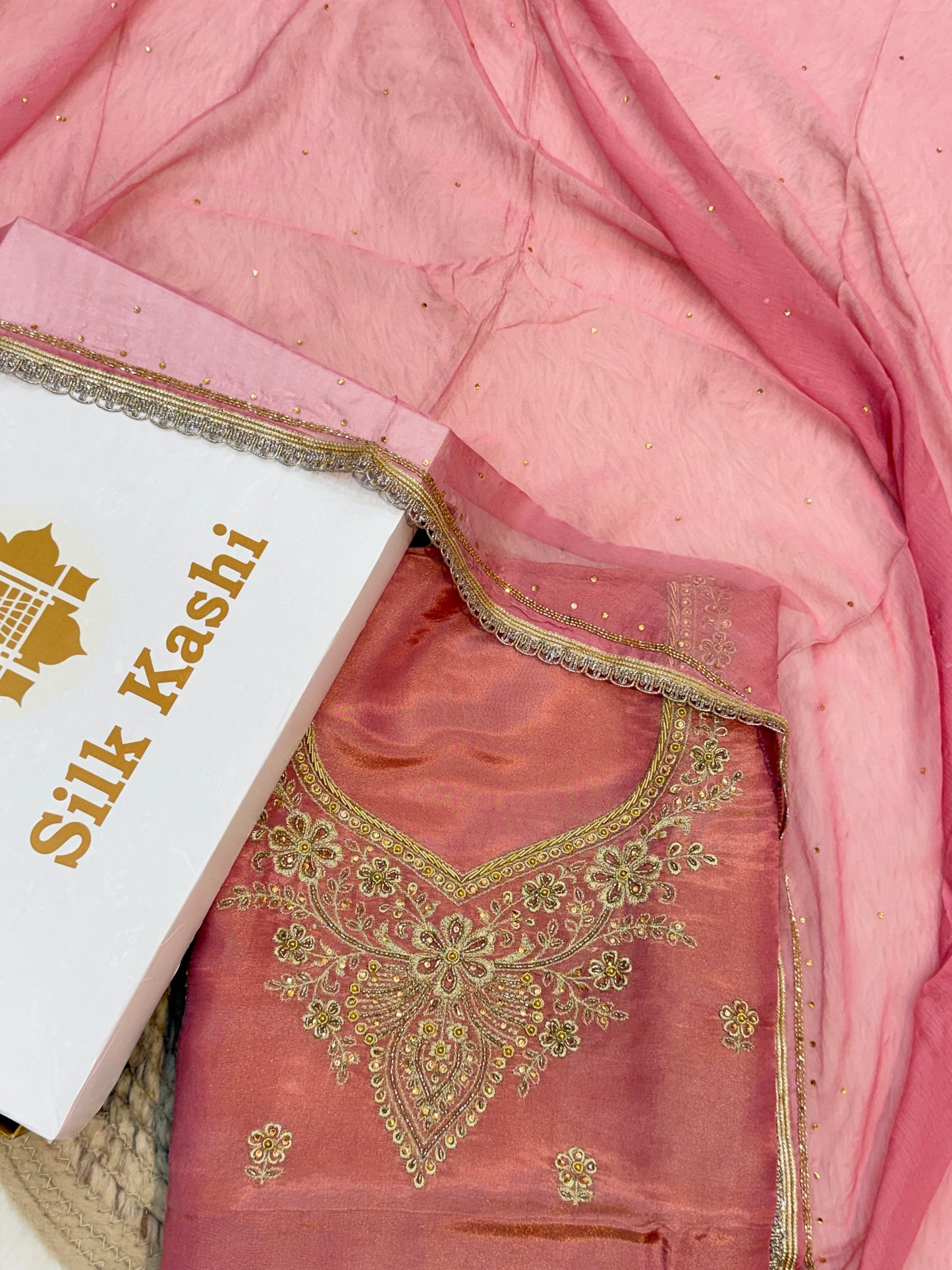 Hand Embroidery Mahroon Colour Tissue Silk Suit Set