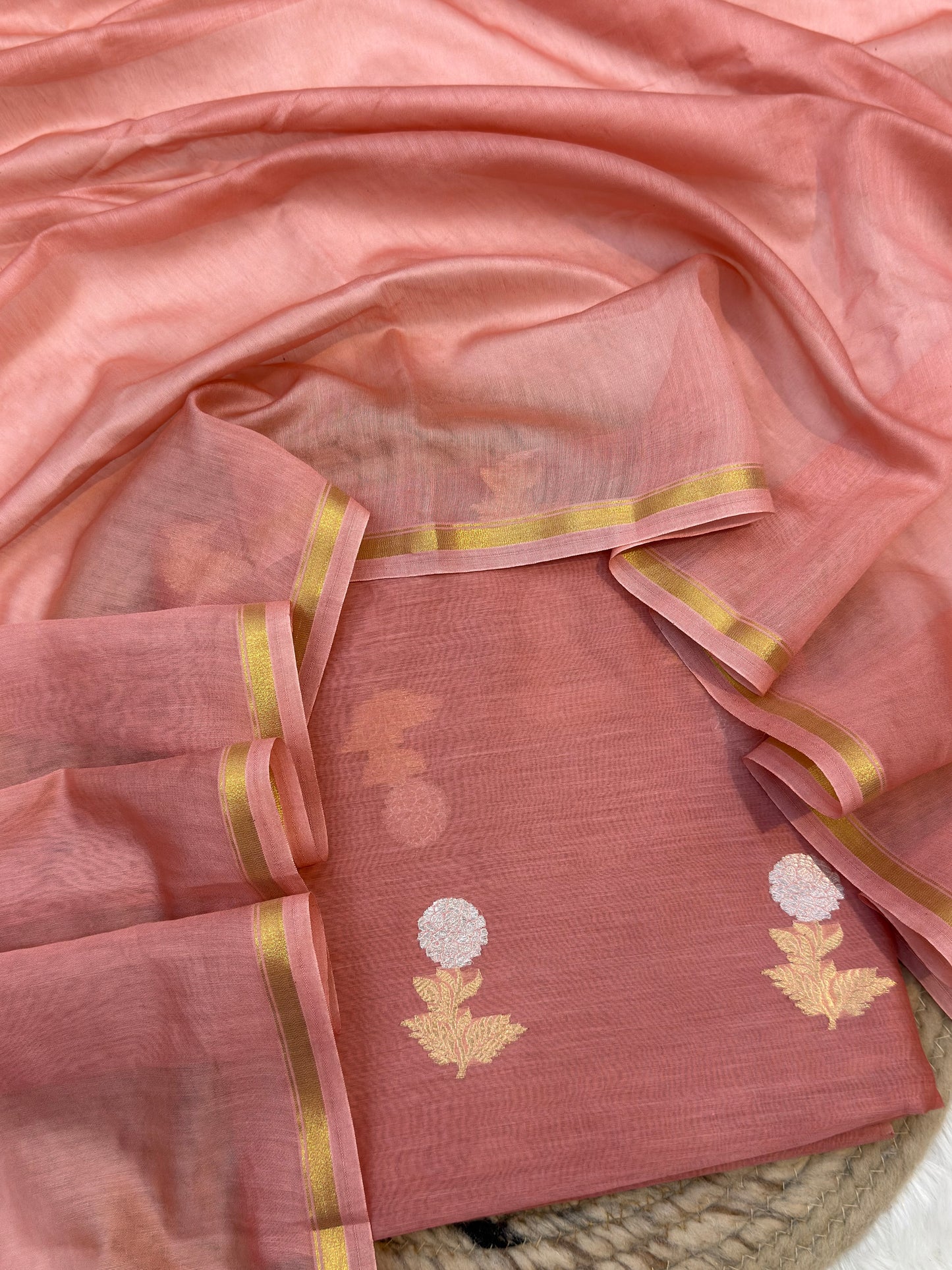 Handwoven Beige Colour Chanderi Silk suit Set