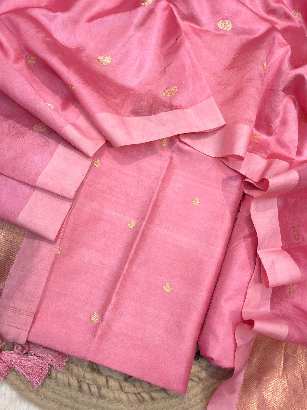Handwoven Pink Colour Katan Silk Suit Set