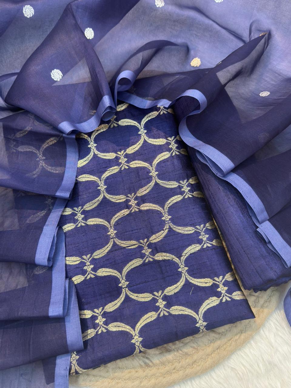 Blue Colour Raw silk suit Set