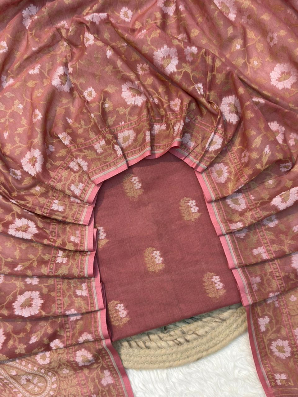 Handwoven Pure Cotton Jamdani Silk Dark Onion Suit Set