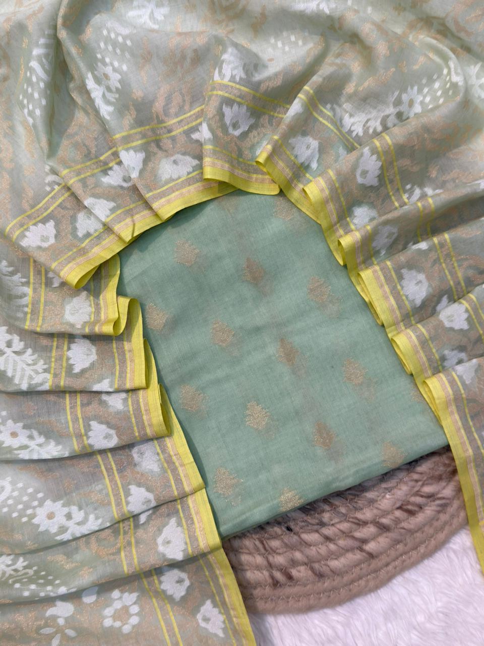 Handwoven Pure Jamdani Silk Sage Green Colour Suit Set