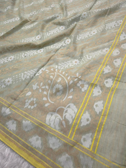 Handwoven Pure Jamdani Silk Sage Green Colour Suit Set