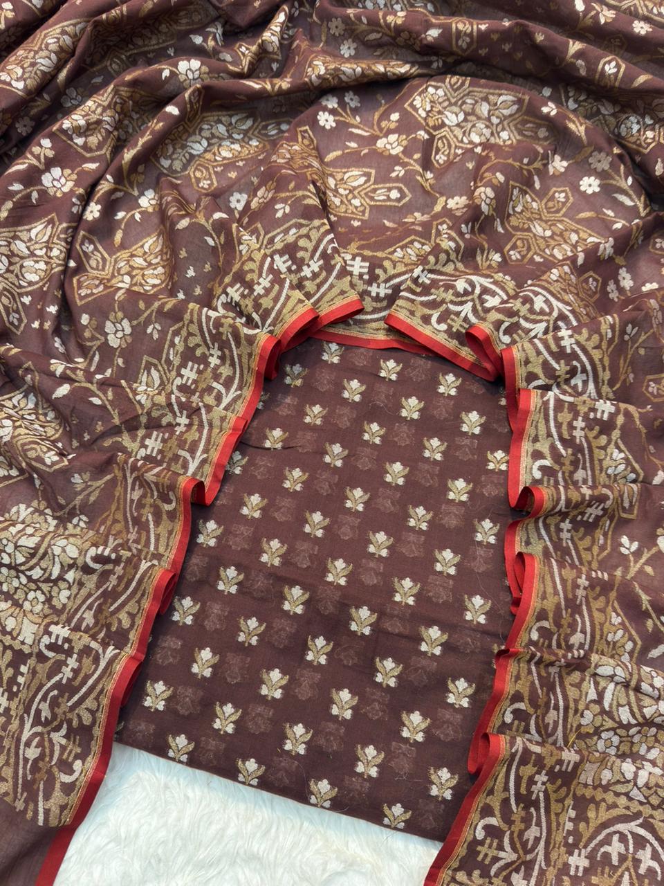 Handwoven Pure Cotton Jamdani Silk Chocolate Colour Suit Set