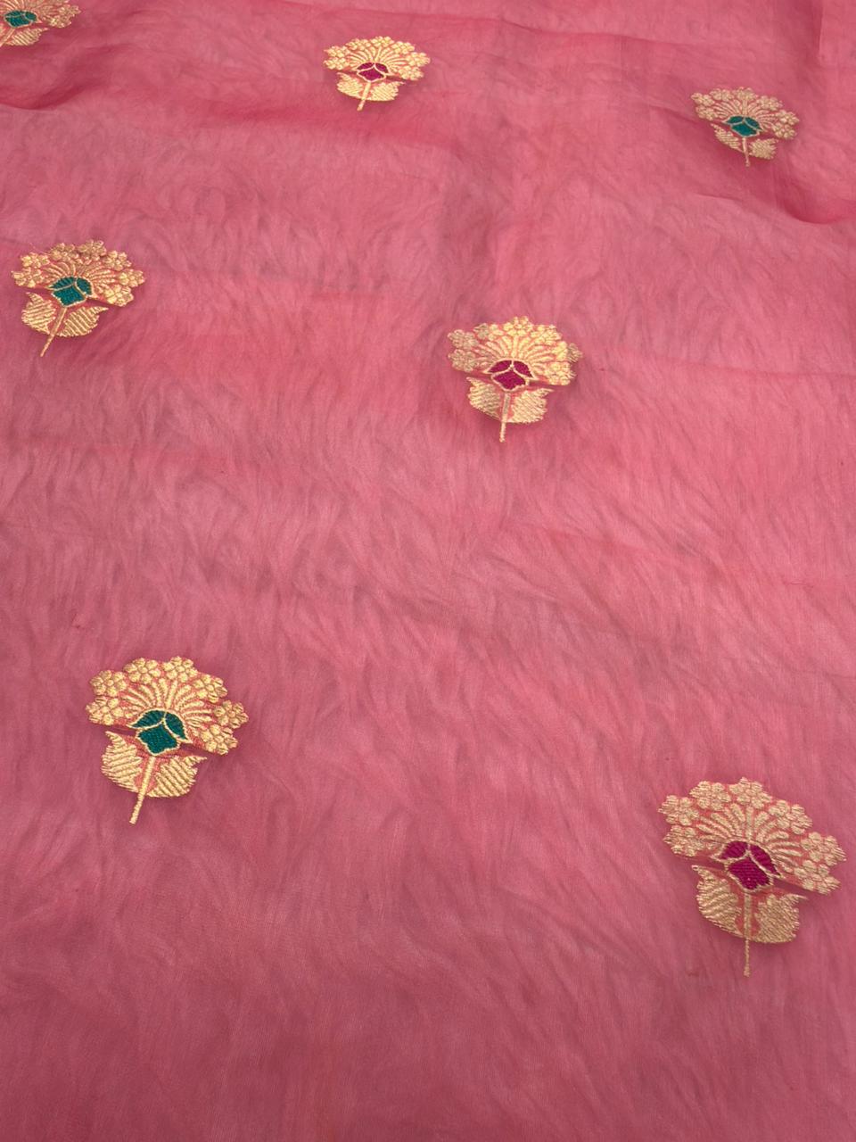 Handwoven Strawberry Colour Organza Silk Suit Set