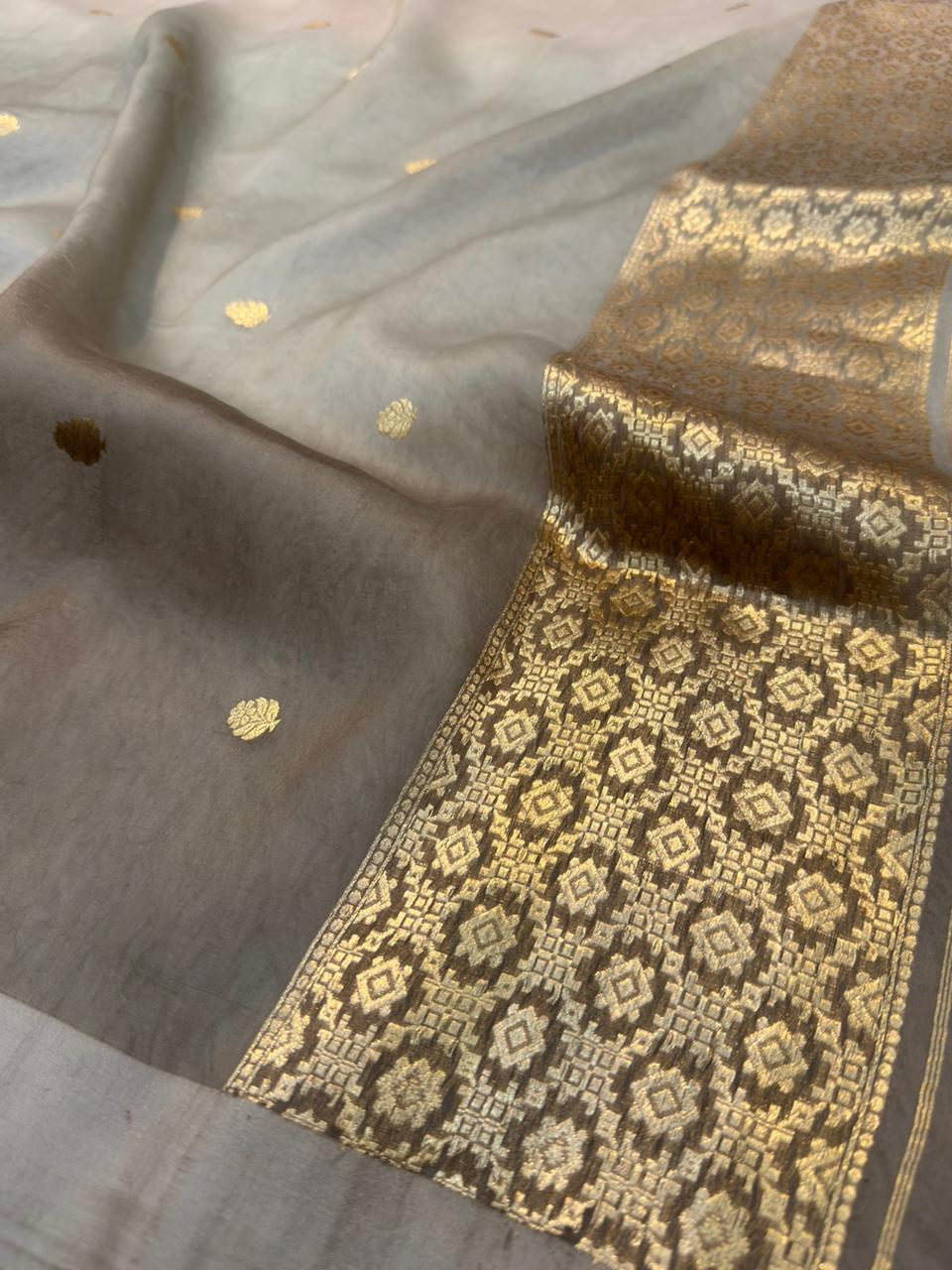 Handwoven Mouse Gray Colour Organza Silk Suit Set