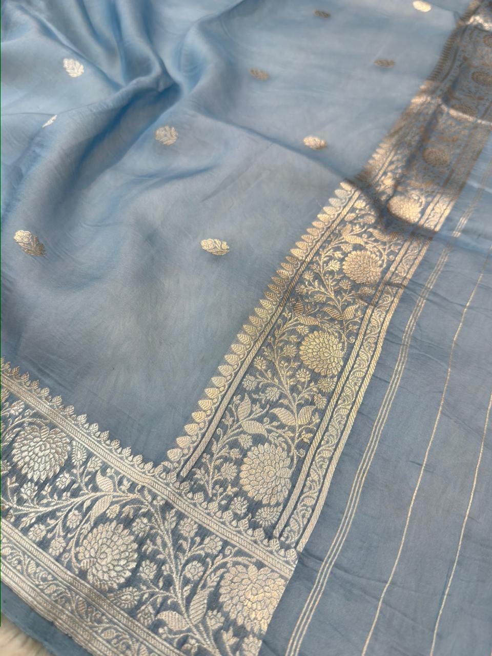 Handwoven Pure Katan Silk Powder Blue Colour Suit Set