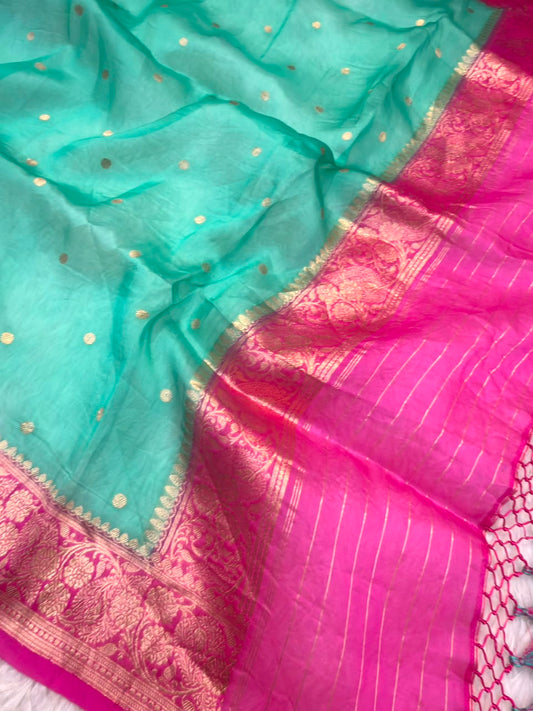 Handwoven Sea Green Colour Pure Oragnza Silk Suit Set