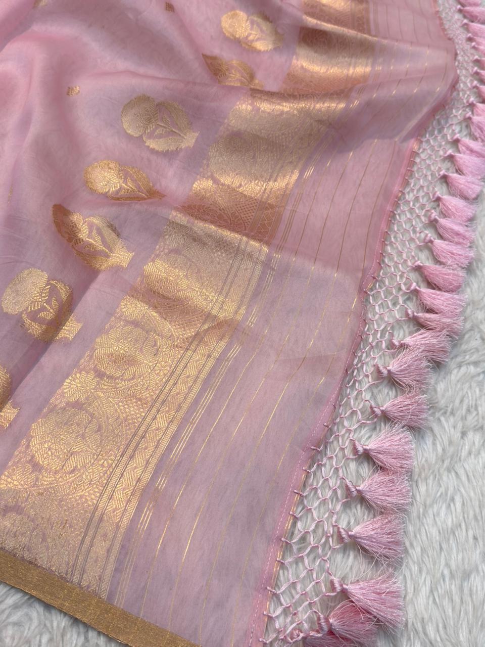 Handwoven Baby Pink Colour Pure Organza Silk Suit Set