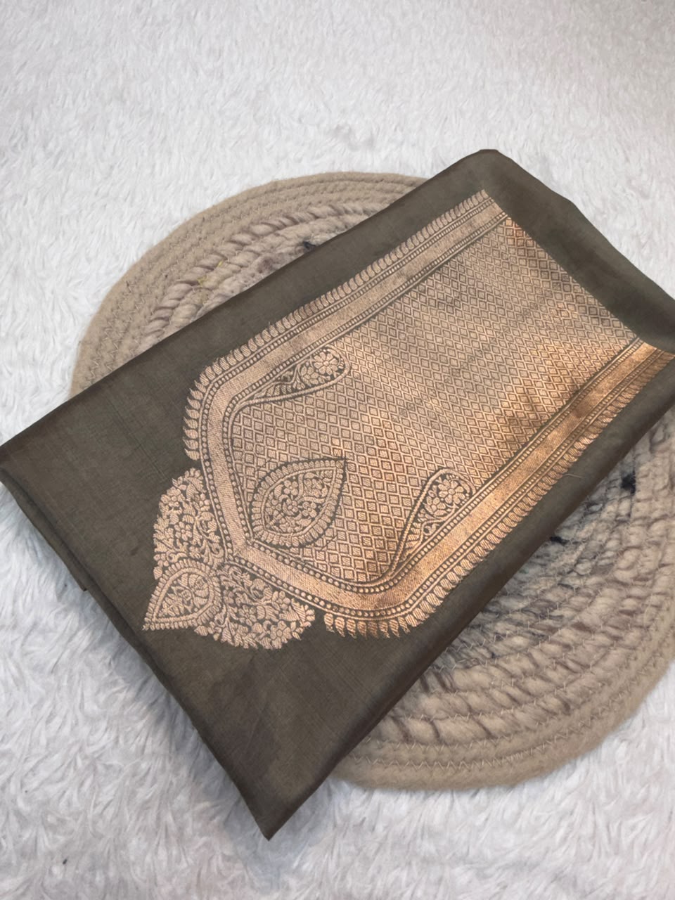 Handwoven Pure Katan Silk Greenish Gray Colour Cot Set