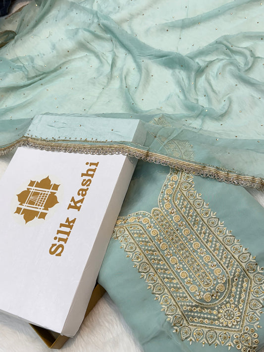 Sky Blue Colour Hand Embroidery Organza Silk Suit Set
