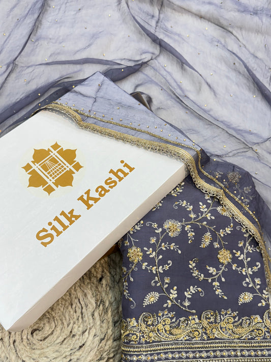 Hand Embroidery Lavender Colour Organza Silk Suit Set