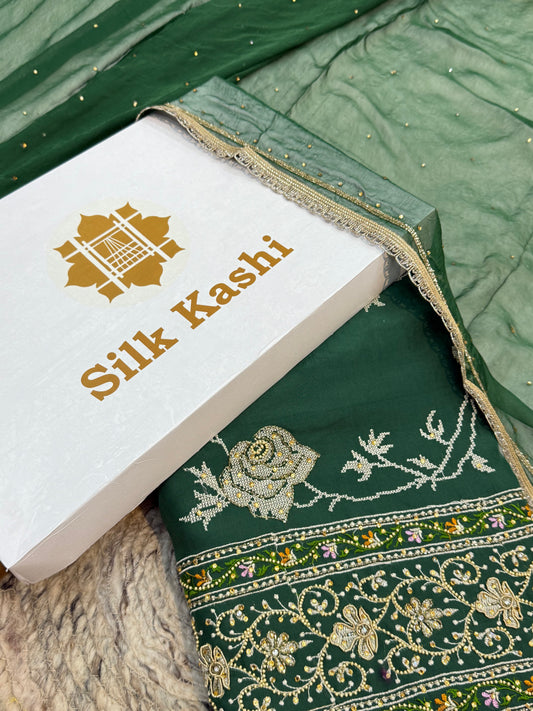 Hand Embroidery Bottle Green Colour Organza Silk Suit Set