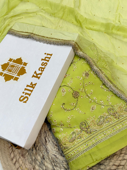 Hand Embroidery Green Colour Organza Silk Suit Set