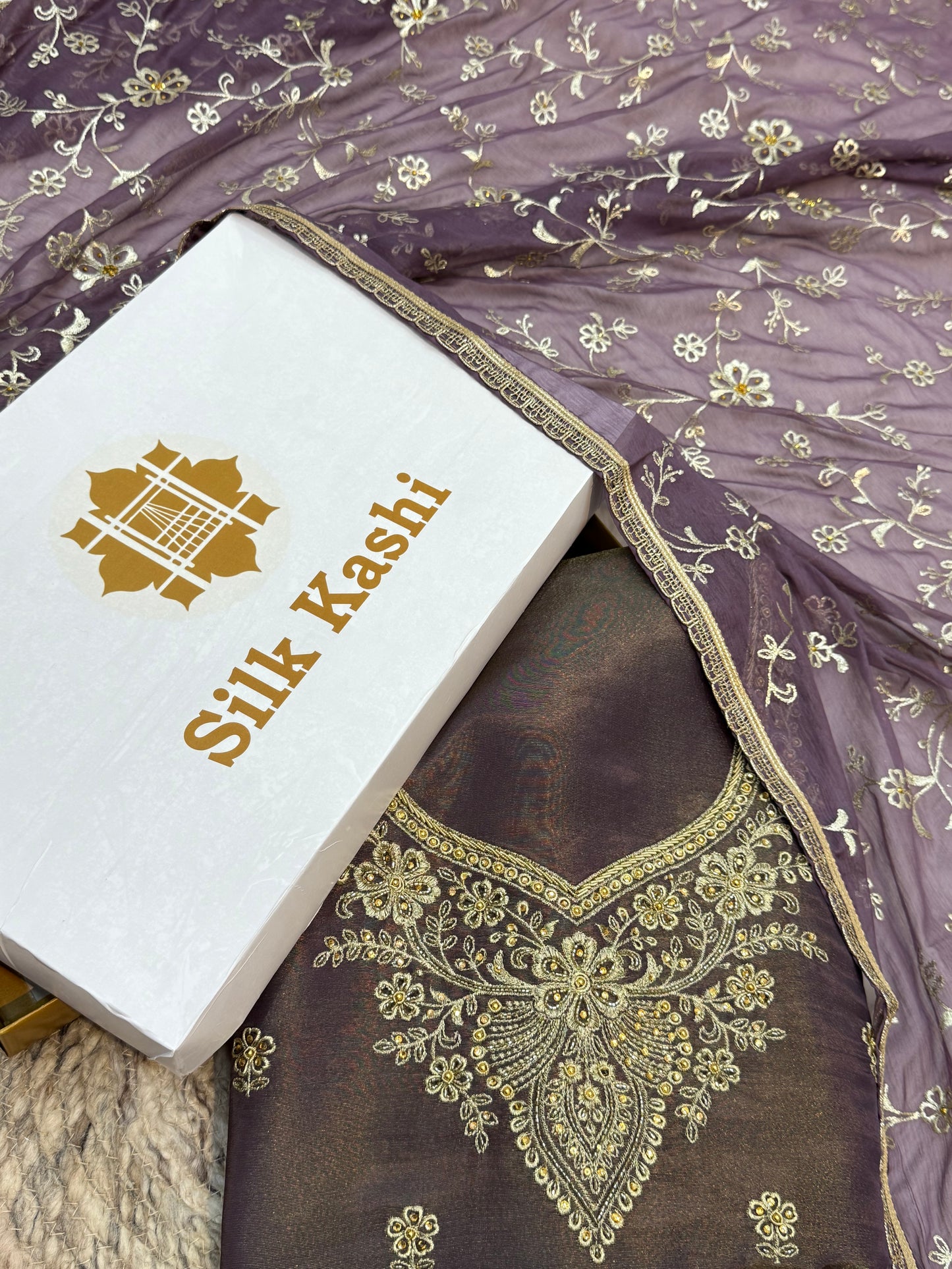 Hand Embroidery Lavender Colour Tissue Silk Suit Set