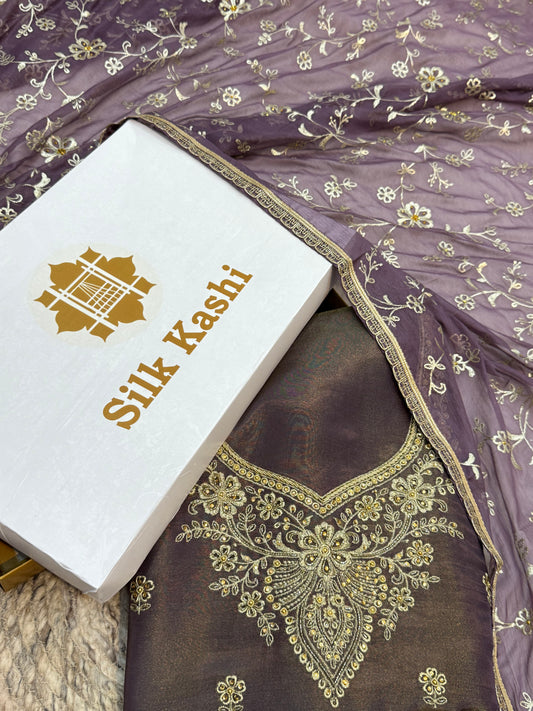 Hand Embroidery Lavender Colour Tissue Silk Suit Set