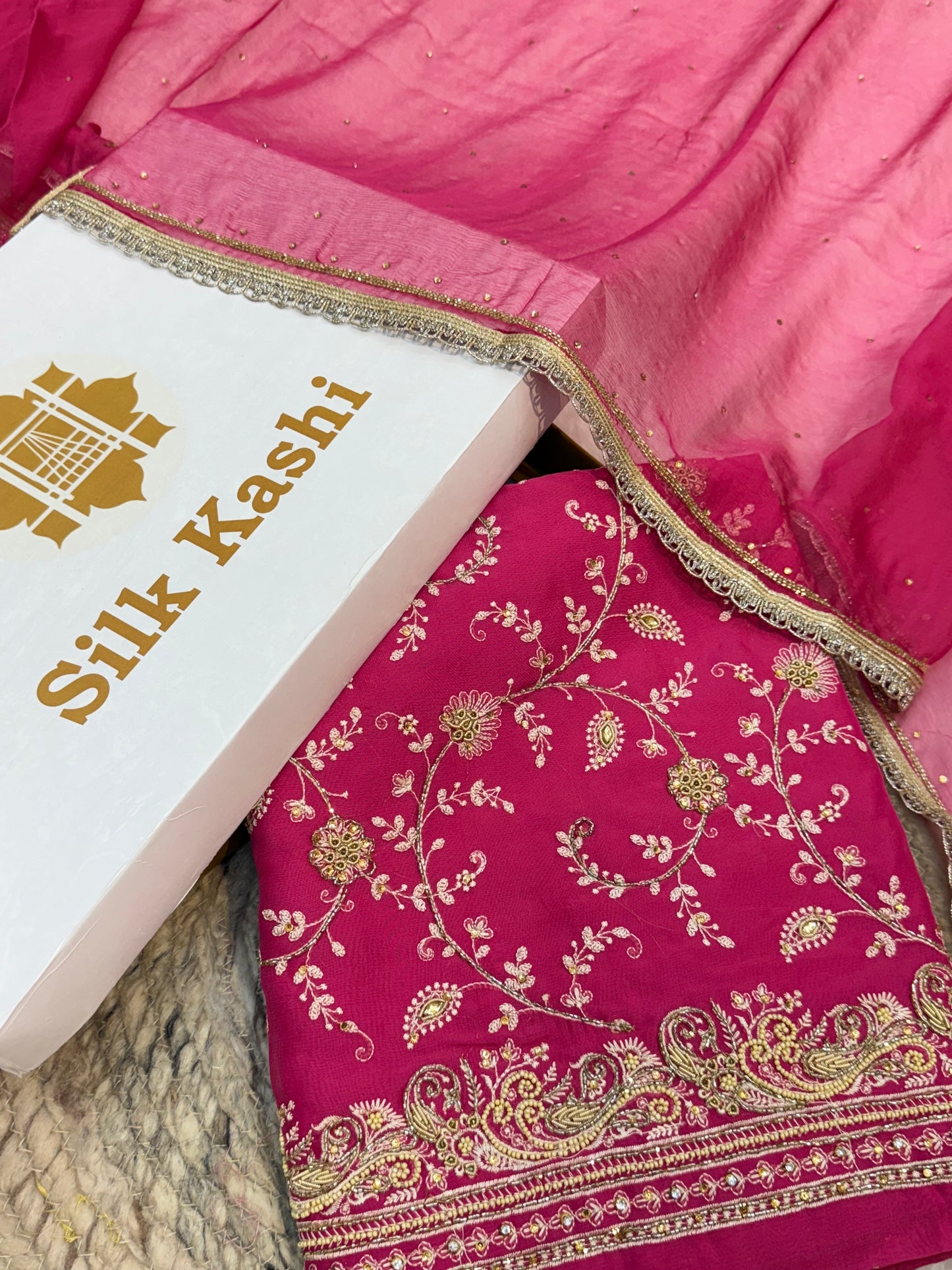 Hand Embroidery Rani Pink Colour Tissue Silk Suit Set