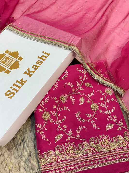 Hand Embroidery Rani Pink Colour Tissue Silk Suit Set
