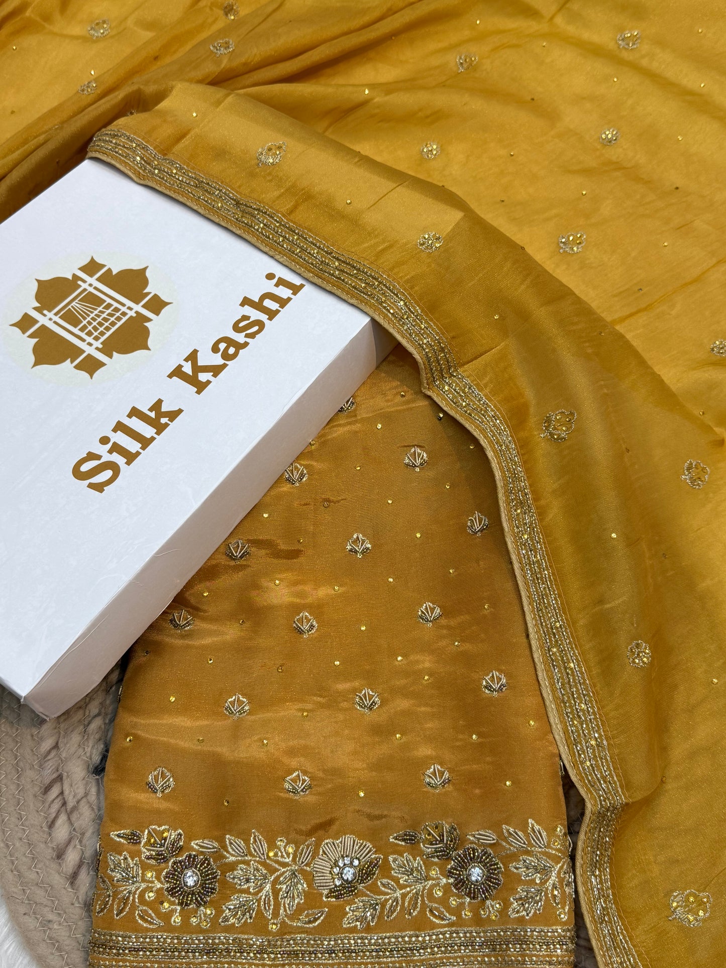 Hand Embroidery Yellow Colour Tissue Silk Suit Set