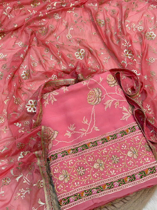 Hand Embroidey Pink Colour Organza Silk Suit Set