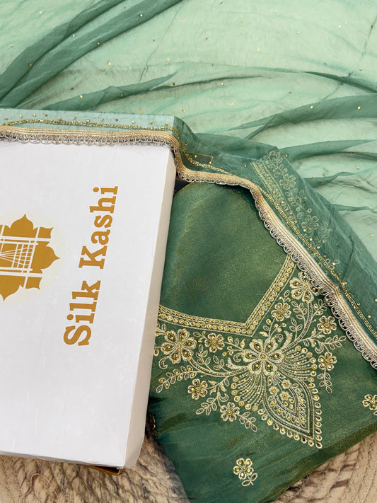 Hand Embroidery Green Colour Tissue Silk Suit Set