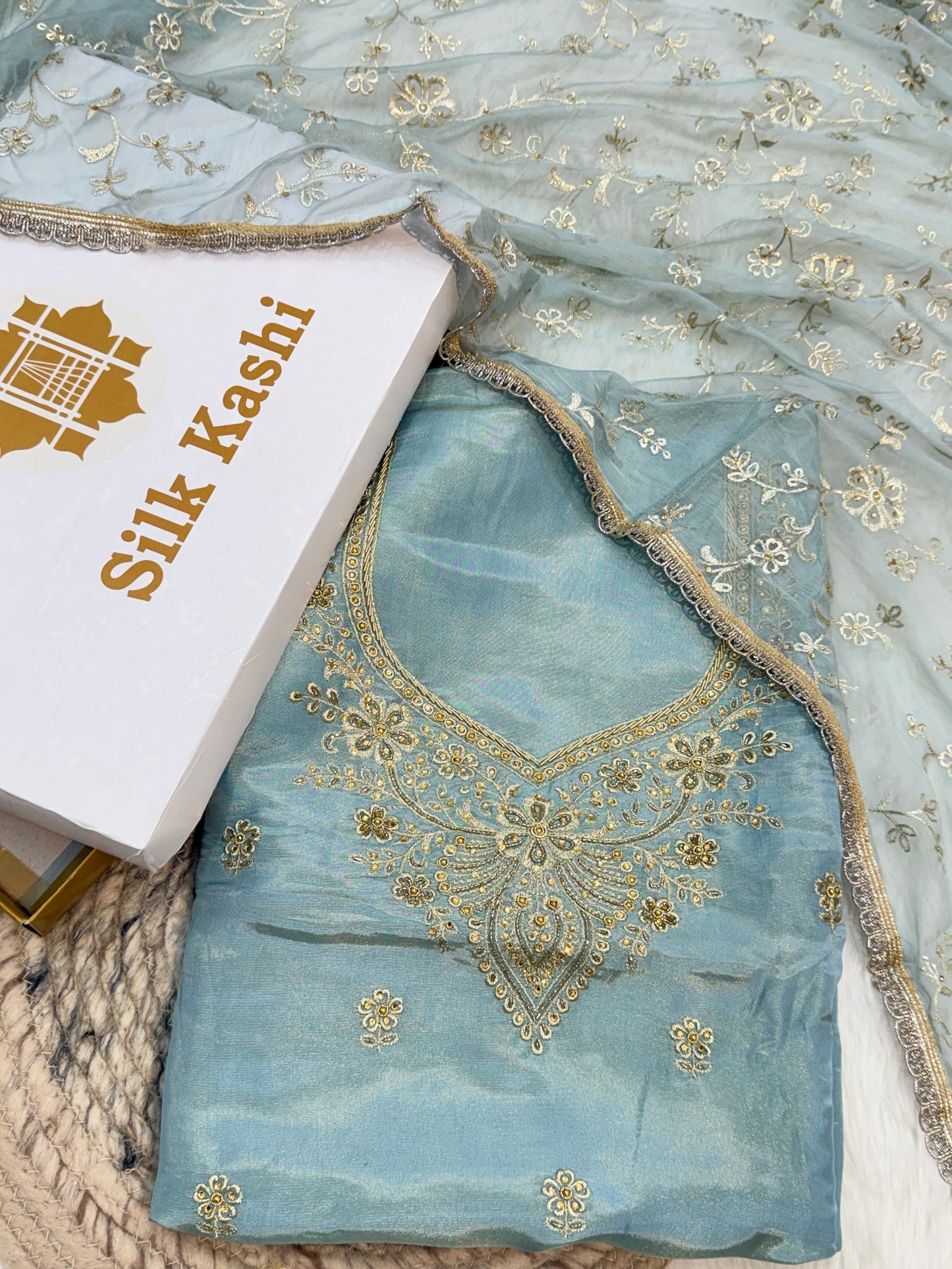 Hand Embroidery Sky Blue Colour Tissue Silk Suit Set
