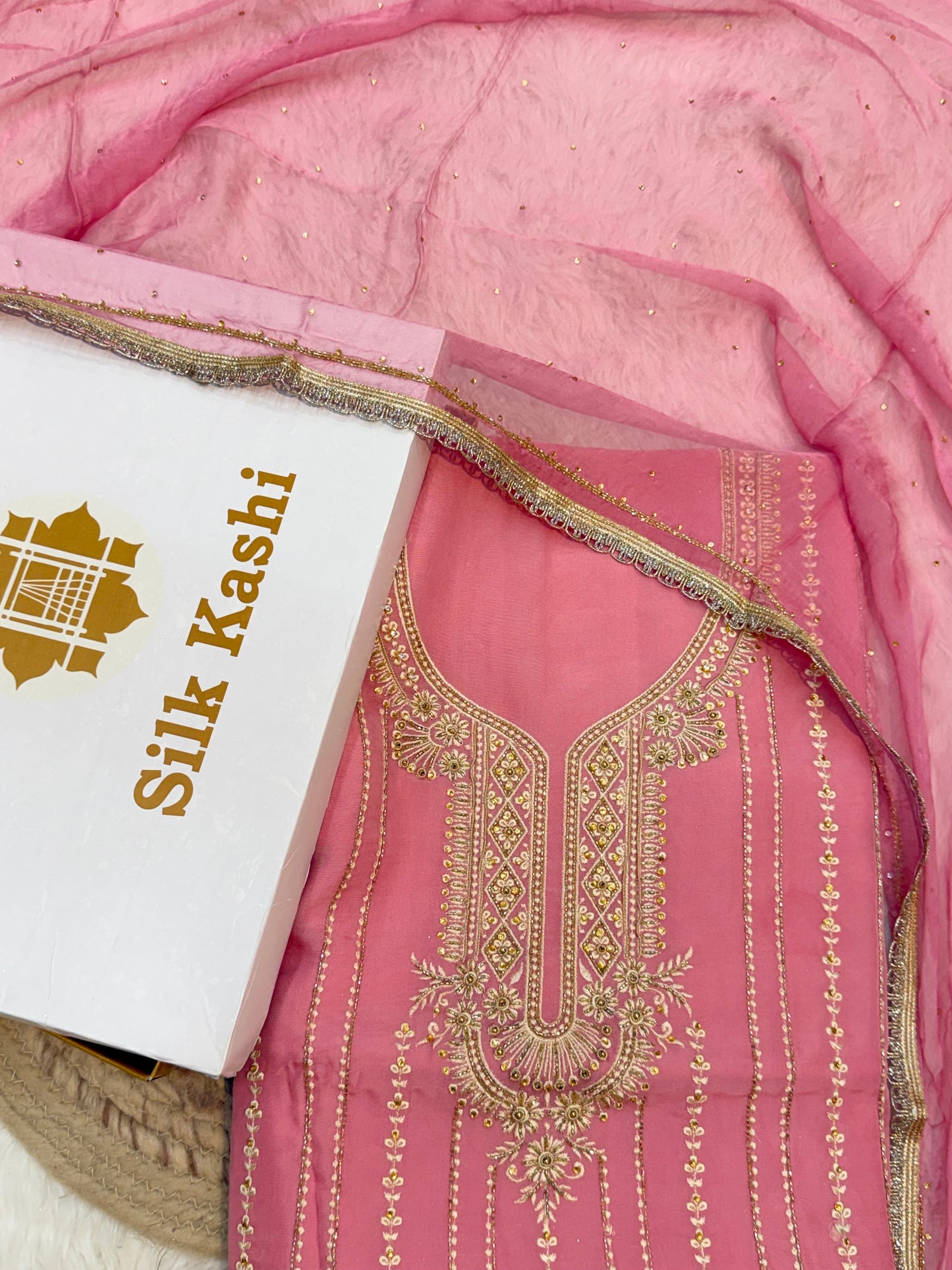 Hand Embroidery Pink Colour Organza Silk Suit Set