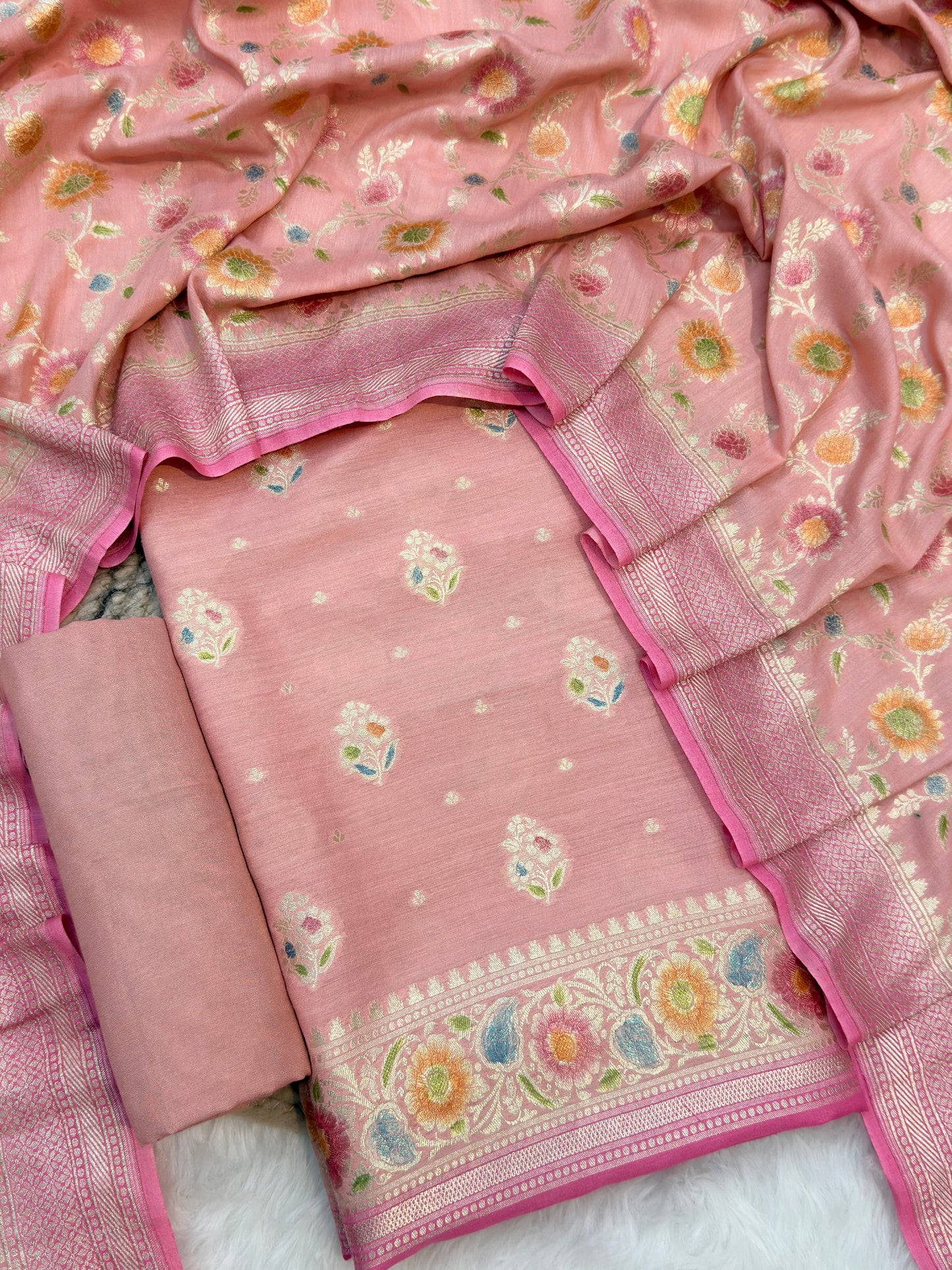 Beige Colour Brush Dye Munga Silk Suit Set