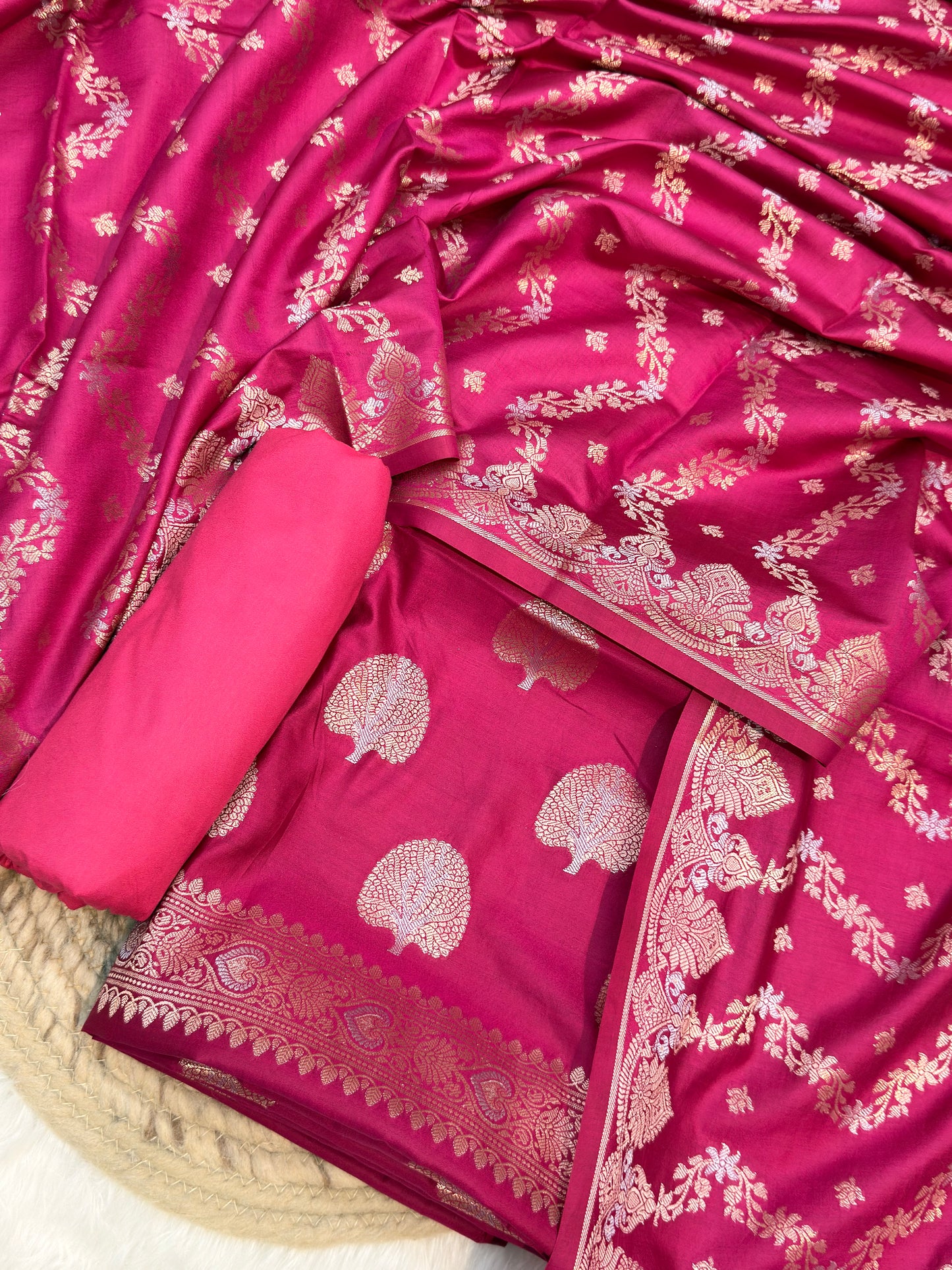 Pure Banarasi Chinya Silk Rani Pink Colour Suit Set