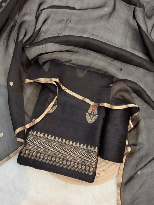 Handwoven Black Colour Raw Silk Suit Set