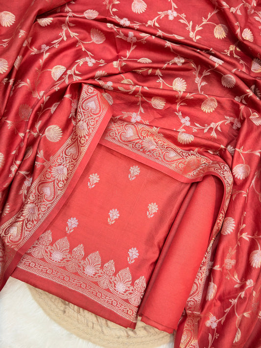 Handwoven Red Colour Chinya Silk Suit Set