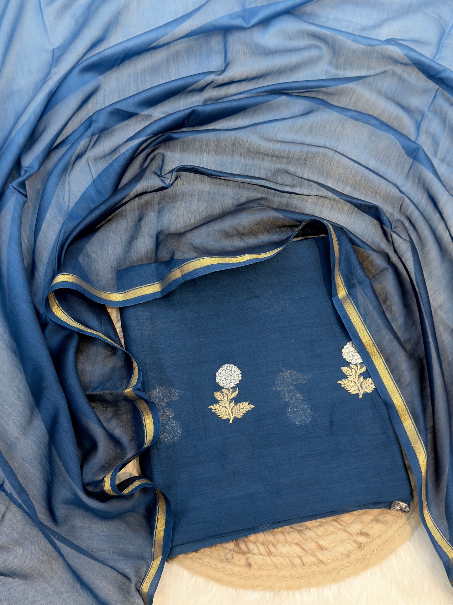 Handwoven Royal Blue Colour Chanderi Silk Suit Set