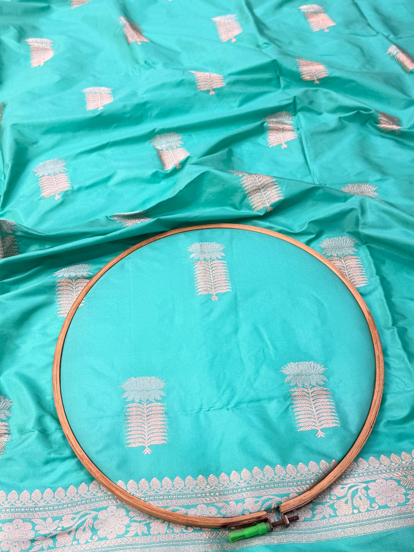 Handwoven Ocean Green Color Katan Suit Set