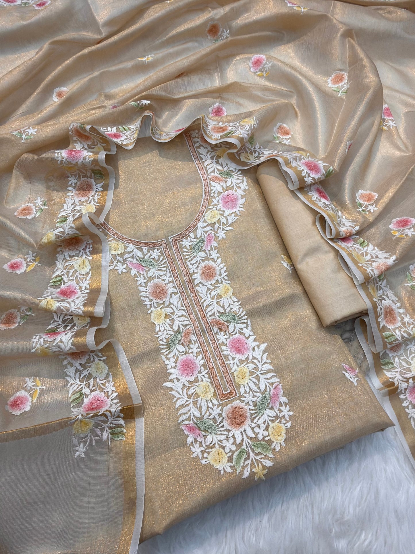 Beige Colour Tissue Silk Suit Set