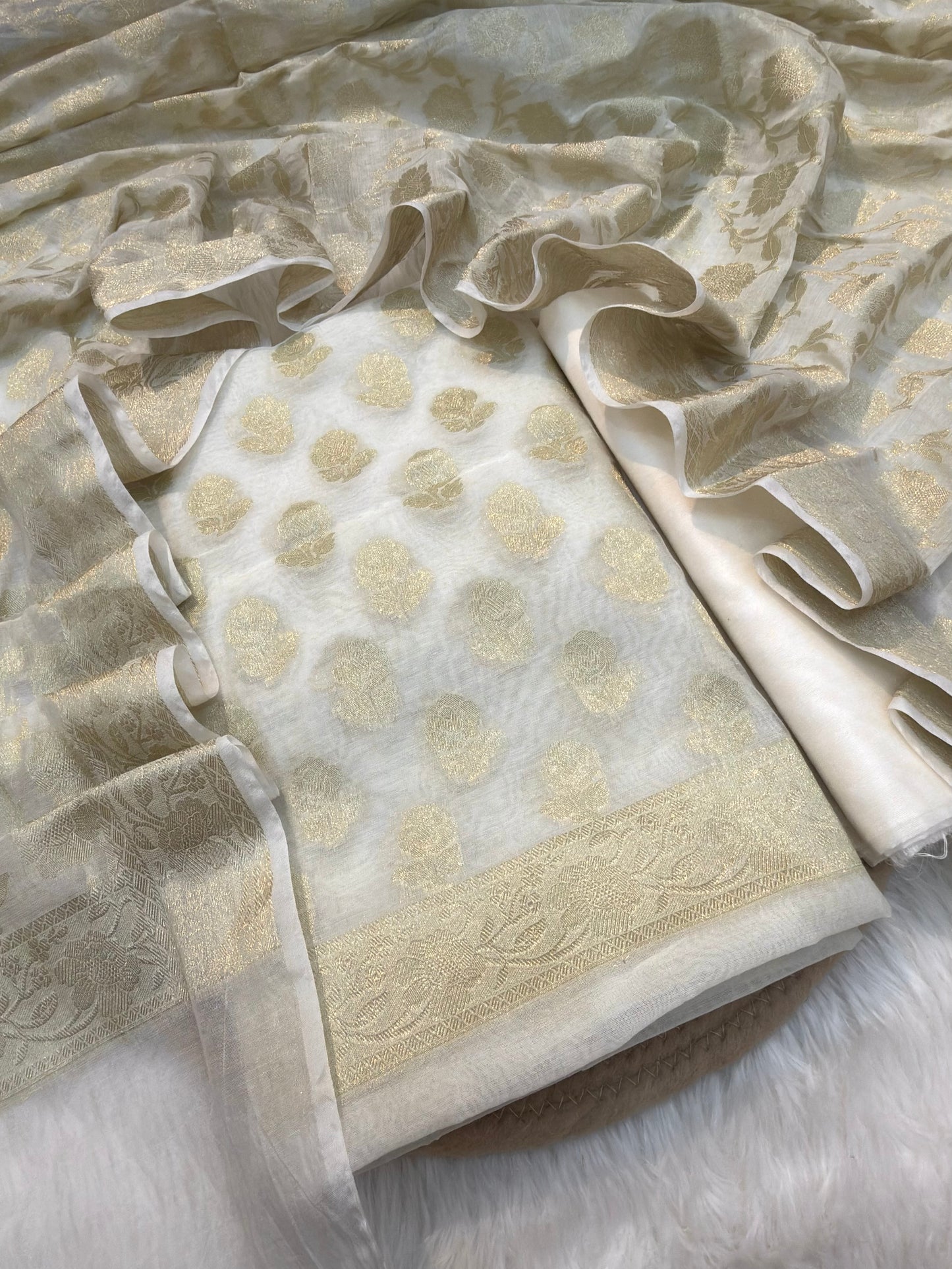 White Colour Chanderi Silk Suit Set