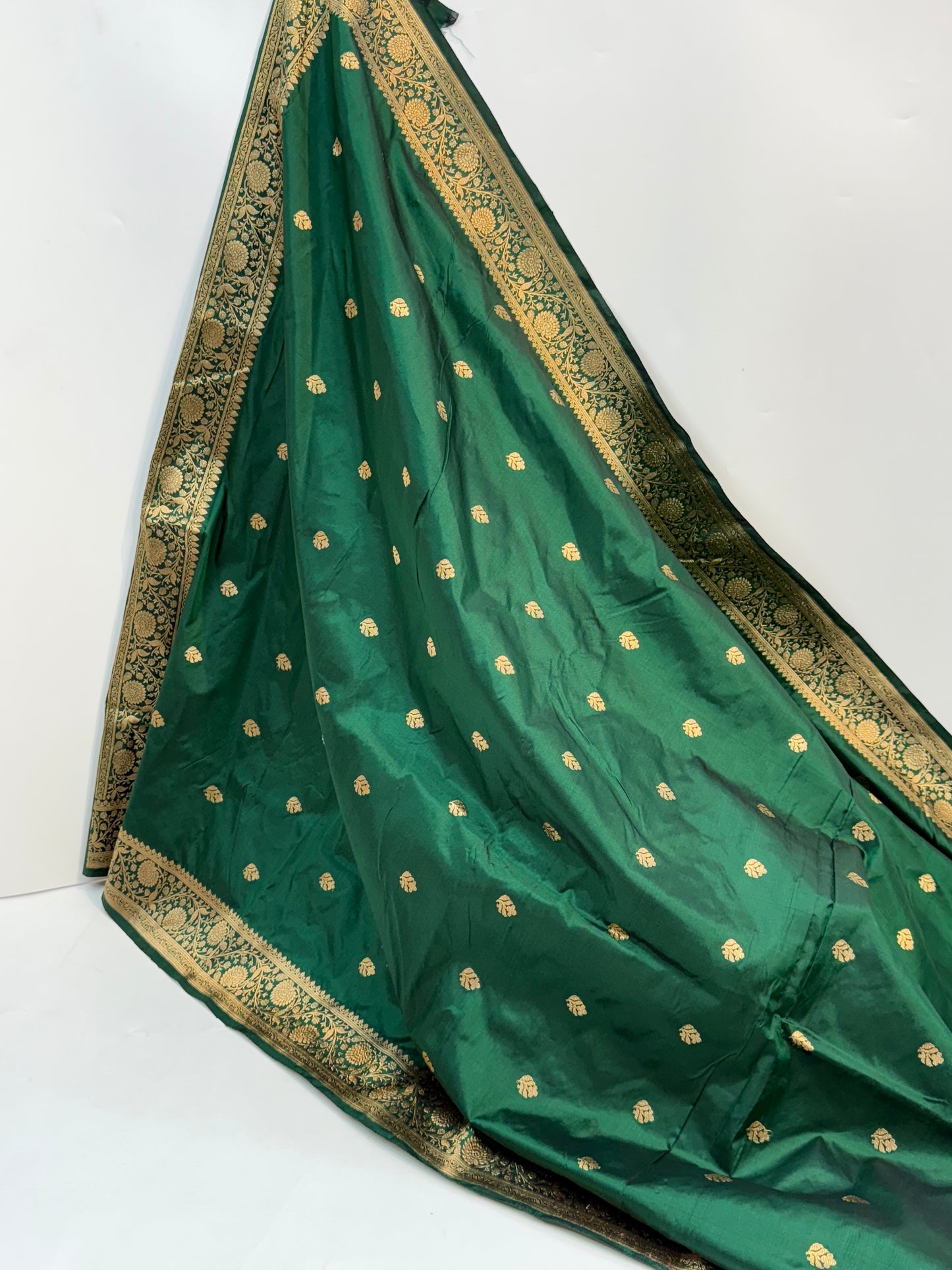 Handwoven Bottle Green Color Katan Suit Set