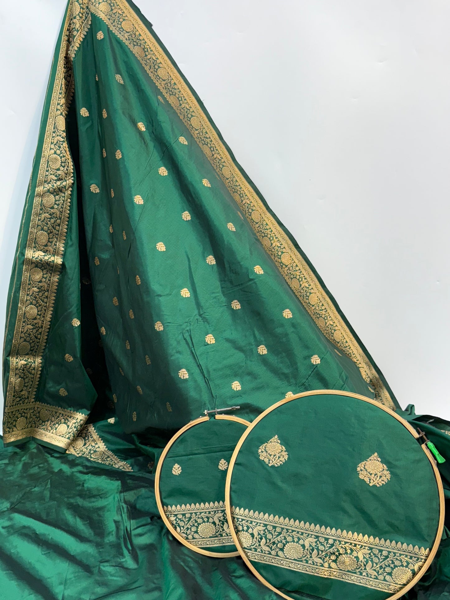 Handwoven Bottle Green Color Katan Suit Set