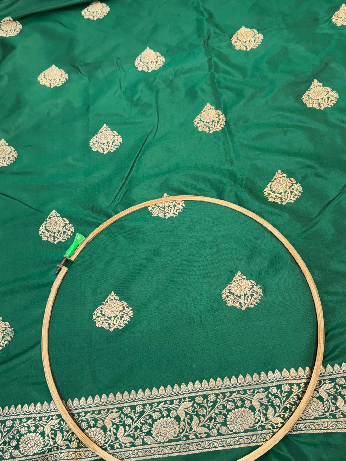 Handwoven Bottle Green Color Katan Suit Set