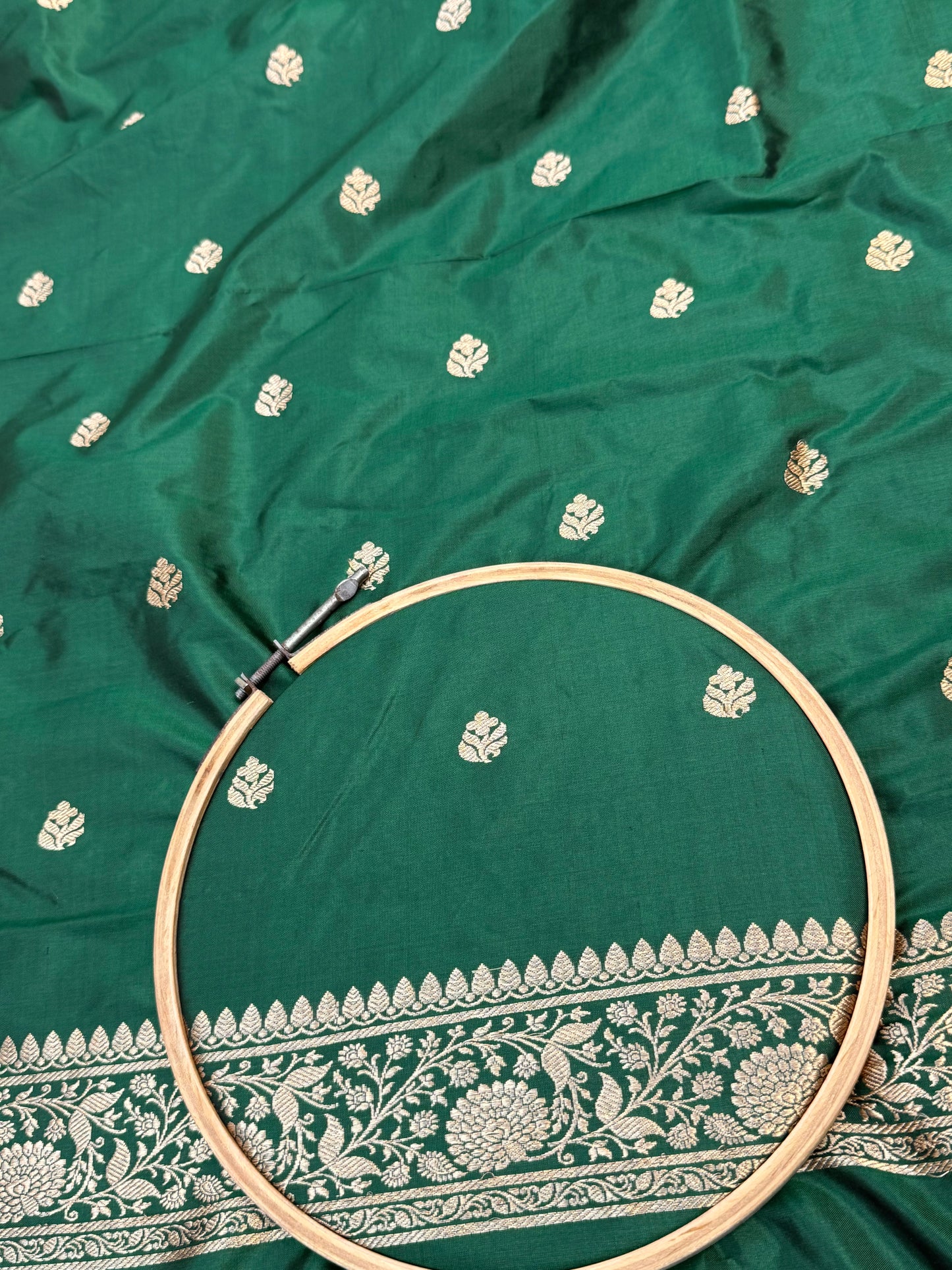 Handwoven Bottle Green Color Katan Suit Set