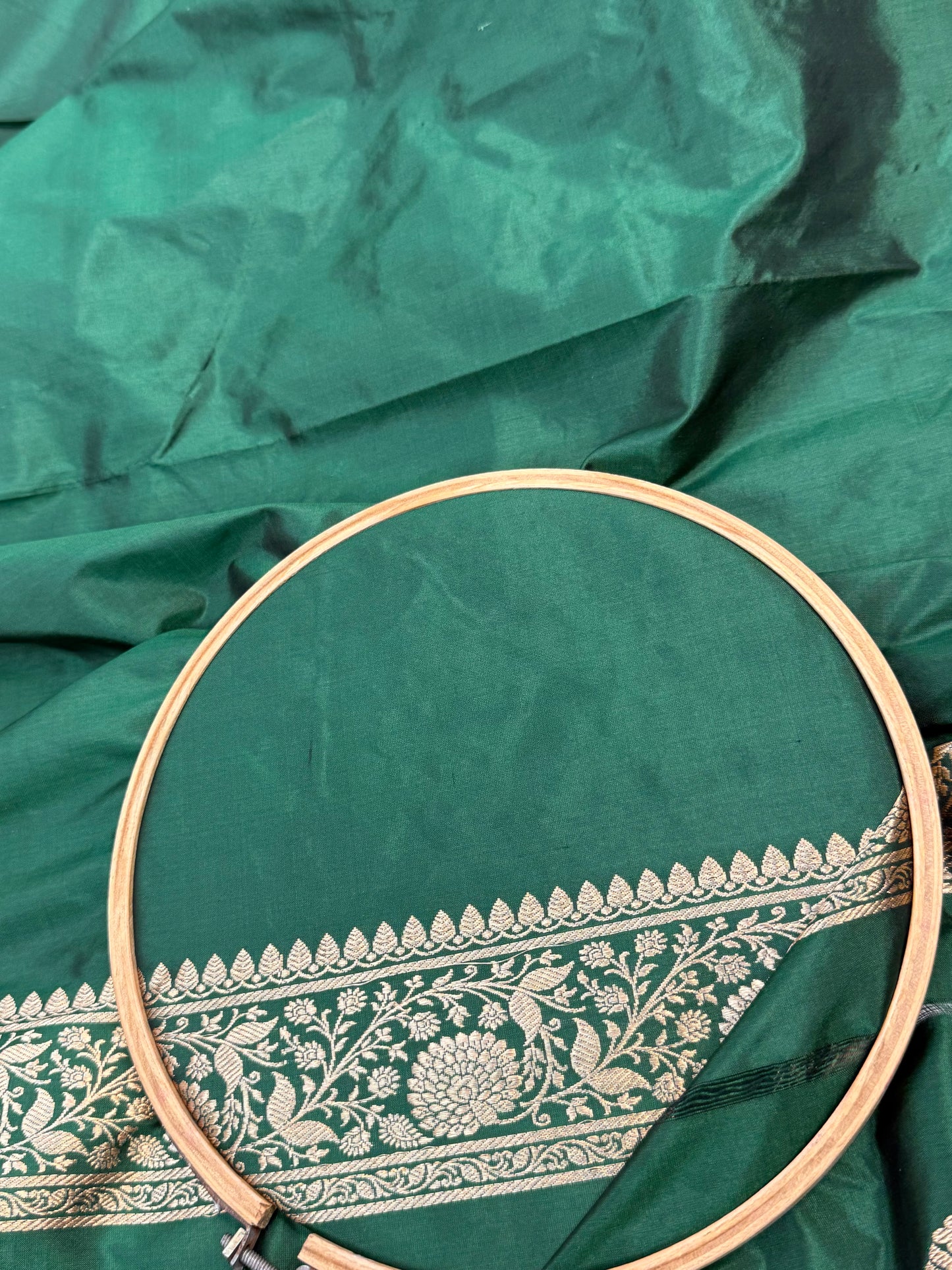 Handwoven Bottle Green Color Katan Suit Set