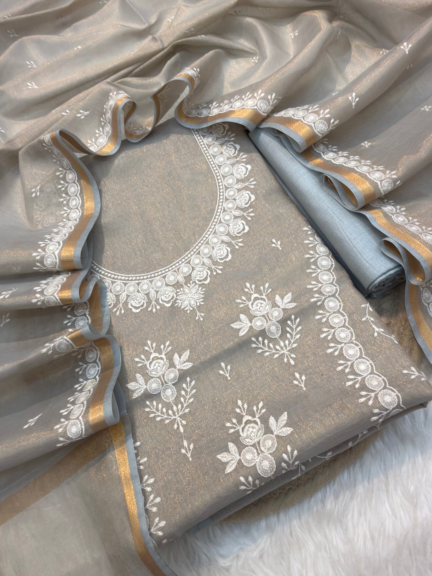 Gray Colour Tissue silk suit Set