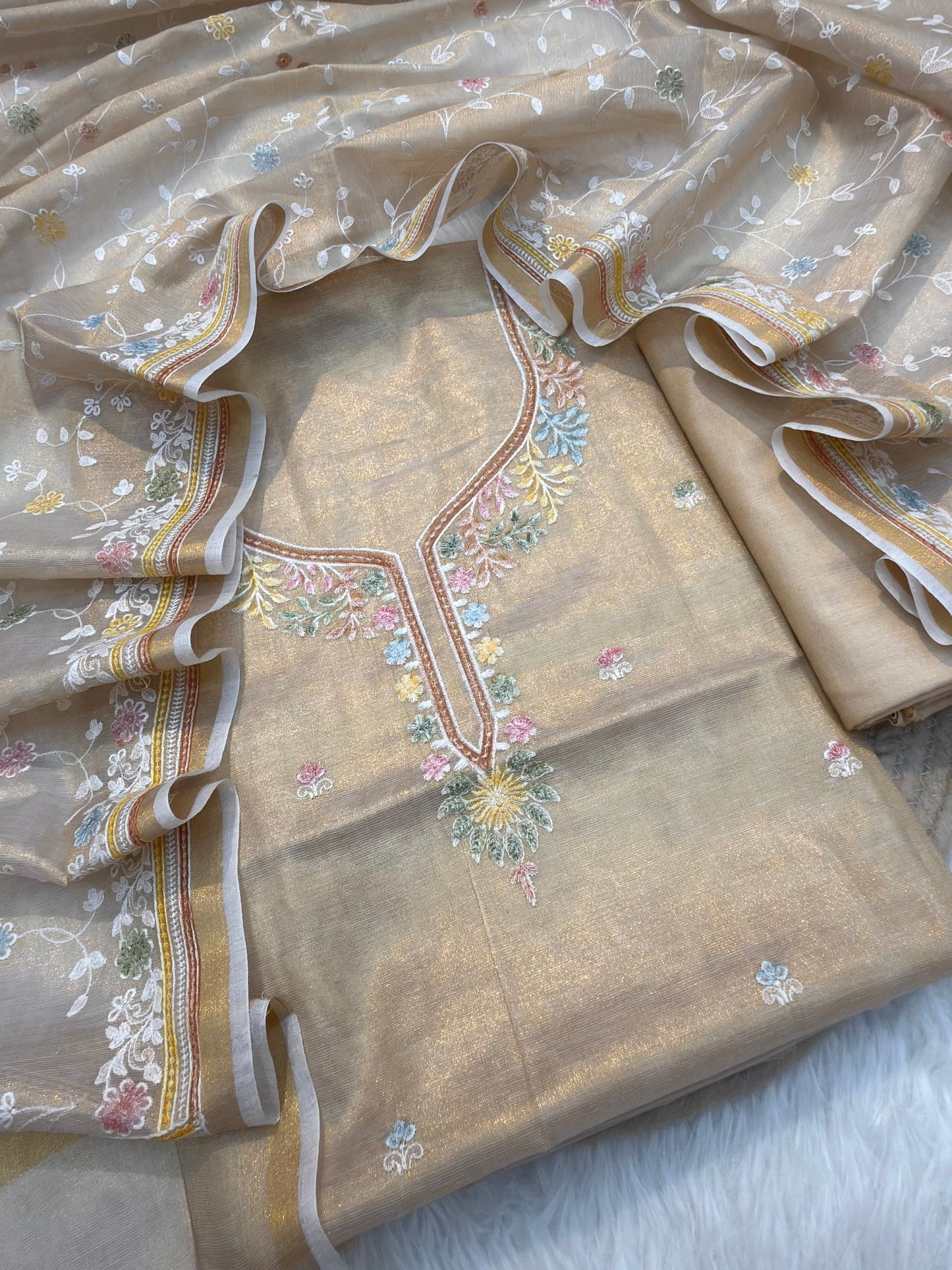 Beige colour Tissue Silk Suit Set