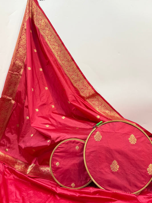 Handwoven Stowberry Colour Katan Silk Suit Set