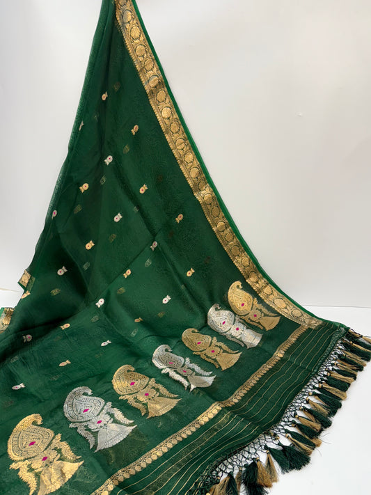 Handwoven Bottle Green Colour Raw Silk Suit Set